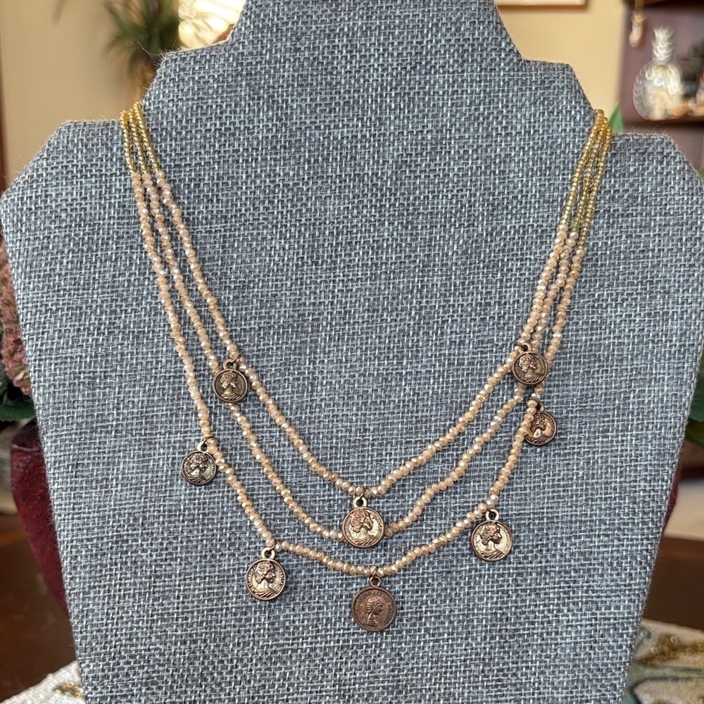 Vintage Multi-Strand Beaded Necklace Australian Coin Charms Queen Elizabeth II